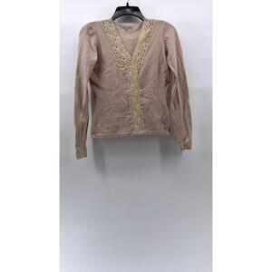 ARMAND VENTILO Women's Light Pink-Beige Wool-Blend V-Neck Lace-Trim Sweater SZ M